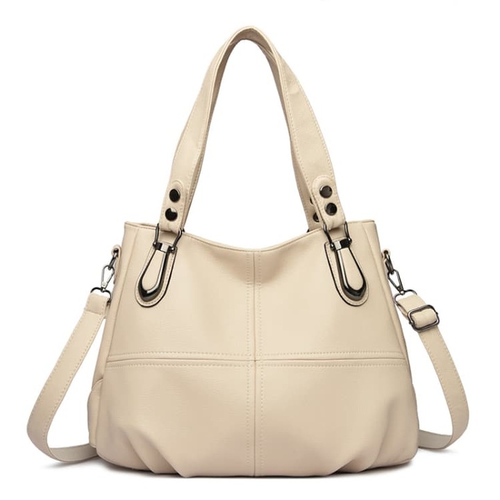 Geanta de umar casual WNANNAN, piele PU lacuita, 2 compartimente principale, Natural Beige, Universal