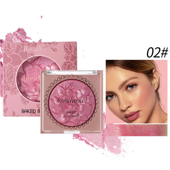 Палитра 2-в-1 за руж и хайлайтър Rosawee, многофункционален грим за лице, очи и устни, нежна и наслояваща се формула, щадяща кожата, естествен сияен завършек, водоустойчив и дълготраен, 02
