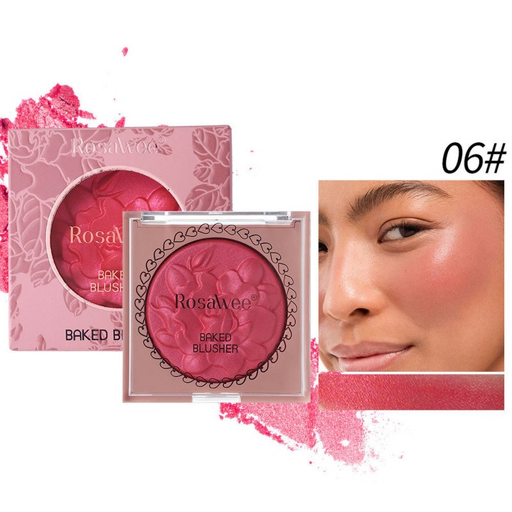 Палитра 2-в-1 за руж и хайлайтър Rosawee, многофункционален грим за лице, очи и устни, нежна и наслояваща се формула, щадяща кожата, естествен сияен завършек, водоустойчив и дълготраен, 06