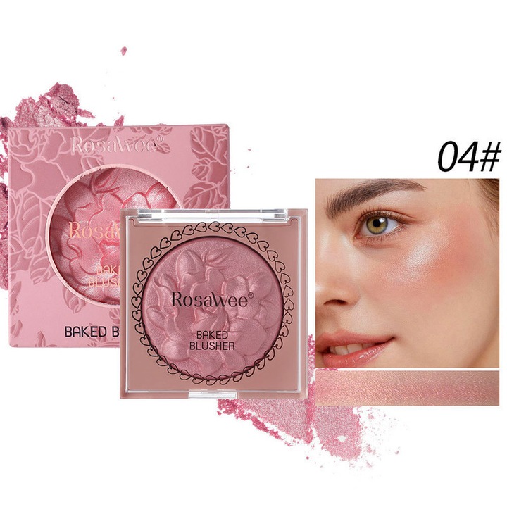 Палитра 2-в-1 за руж и хайлайтър Rosawee, многофункционален грим за лице, очи и устни, нежна и наслояваща се формула, щадяща кожата, естествен сияен завършек, водоустойчив и дълготраен, 04