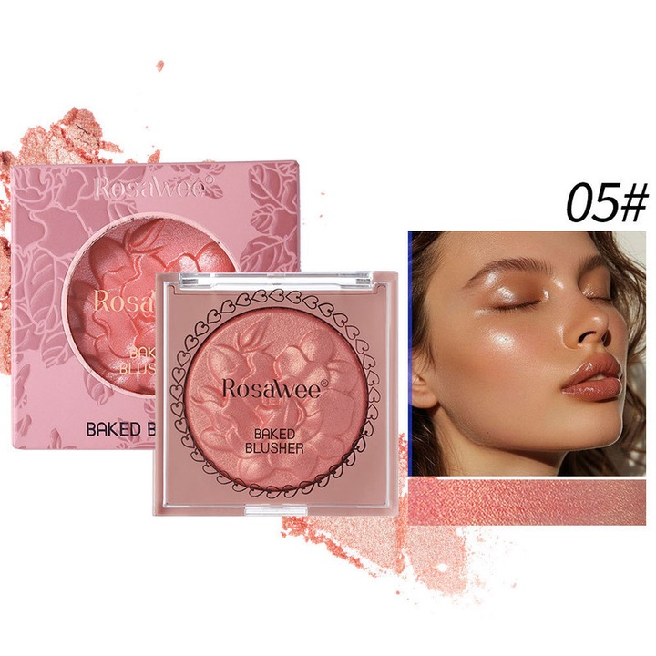 Paleta 2-in-1 pentru Fard de Obraz si Iluminator Rosawee, Machiaj Multifunctional pentru Fata, Ochi si Buze, Formula Blanda si Construibila Prietenoasa cu Piele, Finisaj Natural Luminos, Rezistenta la Apa si de Lunga Durata, 05