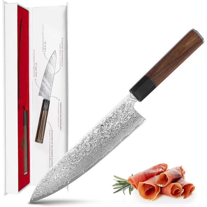 Cutitul bucatarului profesionist, premium, 67 straturi de otel Damascus VG10, maner octogonal din lemn de trandafir, design ergonomic, lungime lama 20.5 cm