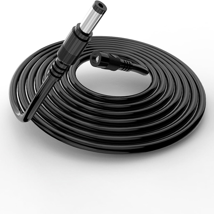 Cablu alimentare 24V pentru camere de supraveghere wireless, 3A，de 5 metri, negru, compatibil cu majoritatea camerelor, pentru o functionare continua si fara intreruperi, Plastic/Cupru, ﻿