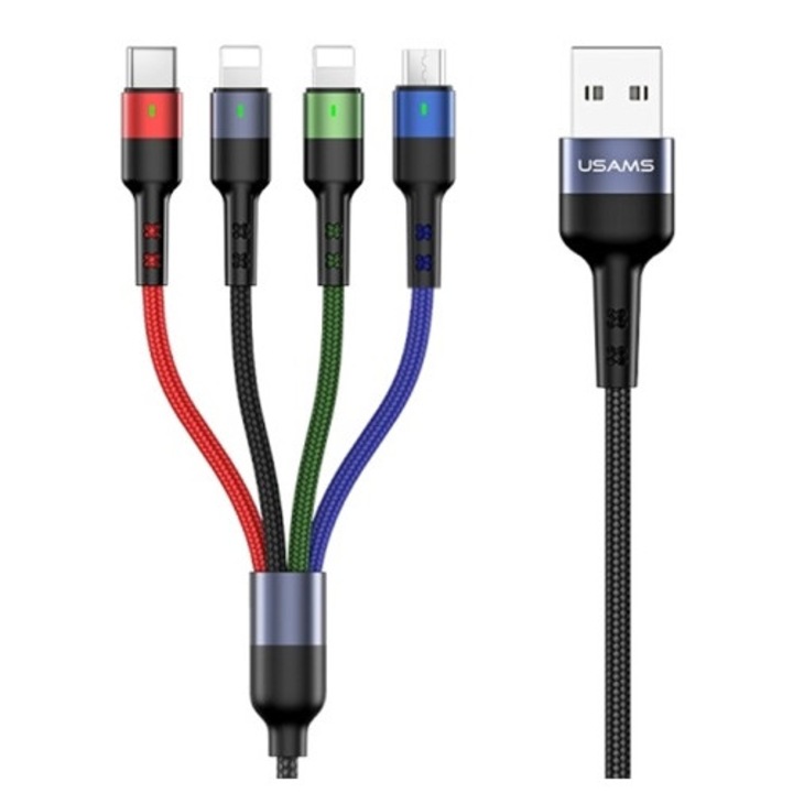 Usams u26 adatkábel 4in1, usb - 2 lightning/type-c/microusb, 2a, gyorstöltő, 35cm, fekete