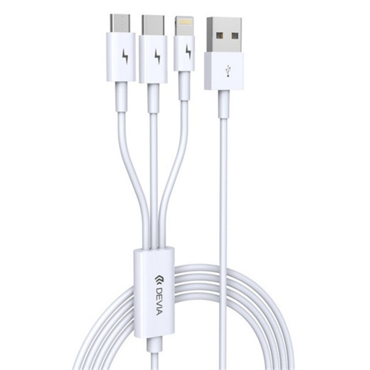 Devia adatkábel 3in1, usb - type-c/lightning/microusb, 10w, gyorstöltő, 120cm, fehér