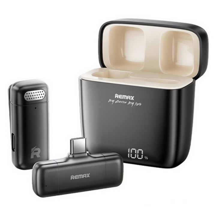 REMAX K13 bluetooth mikrofon, Type-C, lavalier, csíptethető, zajszűrő + töltőtok, fekete