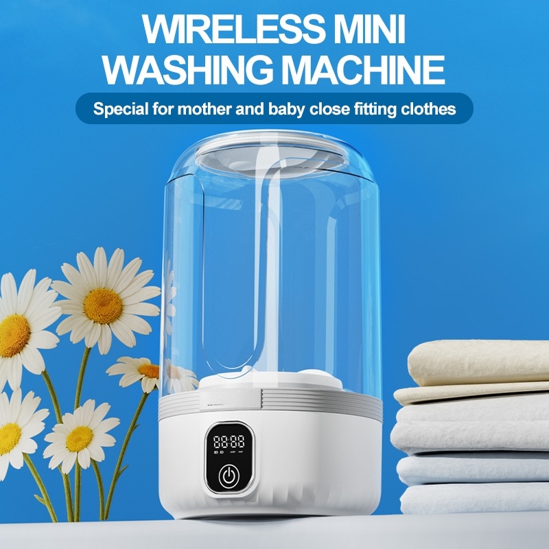 Mini masina de spalat, afisaj digital LED, capacitate 1, 5 l, turbina bidirectionala, impermeabila, putere mare, 4000 mAh, incarcare USB, 145 x 145 x 215 mm, alb