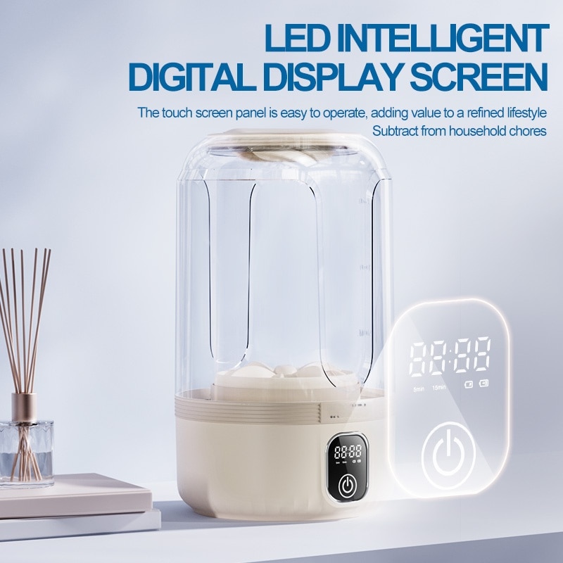 Mini masina de spalat, afisaj digital LED, capacitate 1, 5 l, turbina bidirectionala, impermeabila, putere mare, 4000 mAh, incarcare USB, 145 x 145 x 215 mm, alb