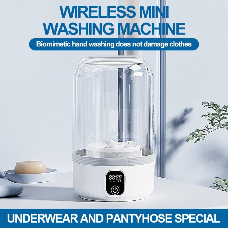 Mini masina de spalat, afisaj digital LED, capacitate 1, 5 l, turbina bidirectionala, impermeabila, putere mare, 4000 mAh, incarcare USB, 145 x 145 x 215 mm, alb