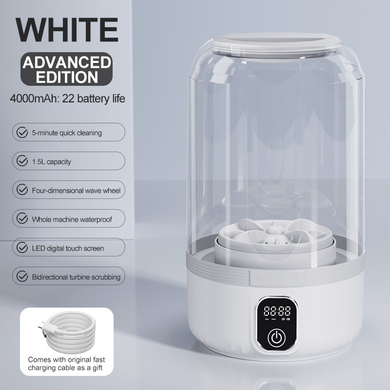 Mini masina de spalat, afisaj digital LED, capacitate 1, 5 l, turbina bidirectionala, impermeabila, putere mare, 4000 mAh, incarcare USB, 145 x 145 x 215 mm, alb