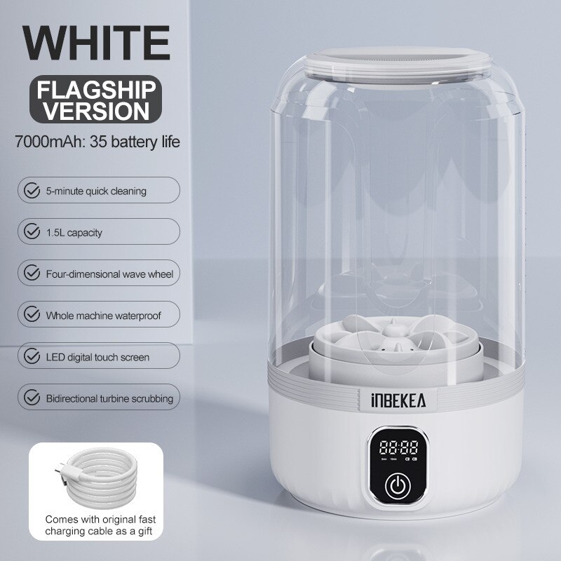 Masina de spalat mini, afisaj digital LED, capacitate 1, 5 l, turbina bidirectionala, impermeabila, putere mare, 7000 mAh, incarcare USB, 145 x 145 x 215 mm, alb
