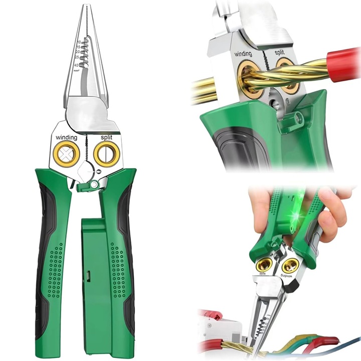 Cleste Multifunctional 8 in 1, Creion De Tensiune, Functii De Taiere, Sertizare, Dezizolare Si Infasurare, Manere Ergonomice Anti-Alunecare, Material Durabil, Verde