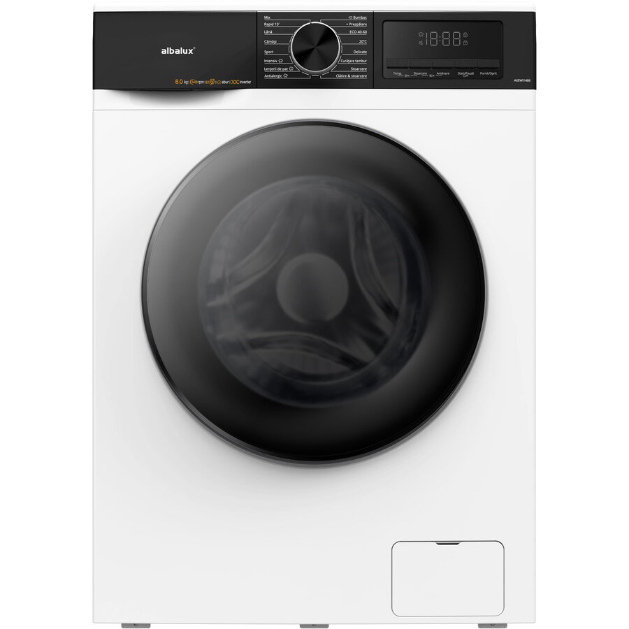 Masina de Spalat Rufe Albalux AXEWI1486, 8 kg, 1400 rpm, Motor Inverter, Abur, Display LED, Clasa A, Alb