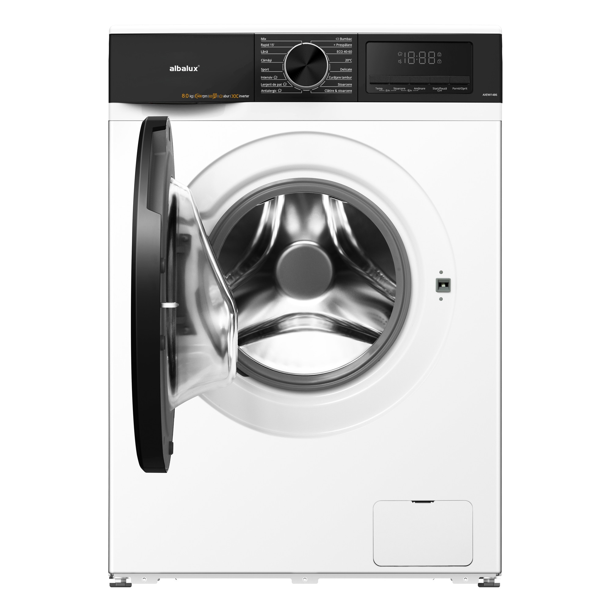 Masina de spalat rufe Albalux AXEWI1486, 8 kg, 16 programe, 1400 rotatii, Clasa energetica A, Display led, Spalare cu abur, Motor inverter, Alb