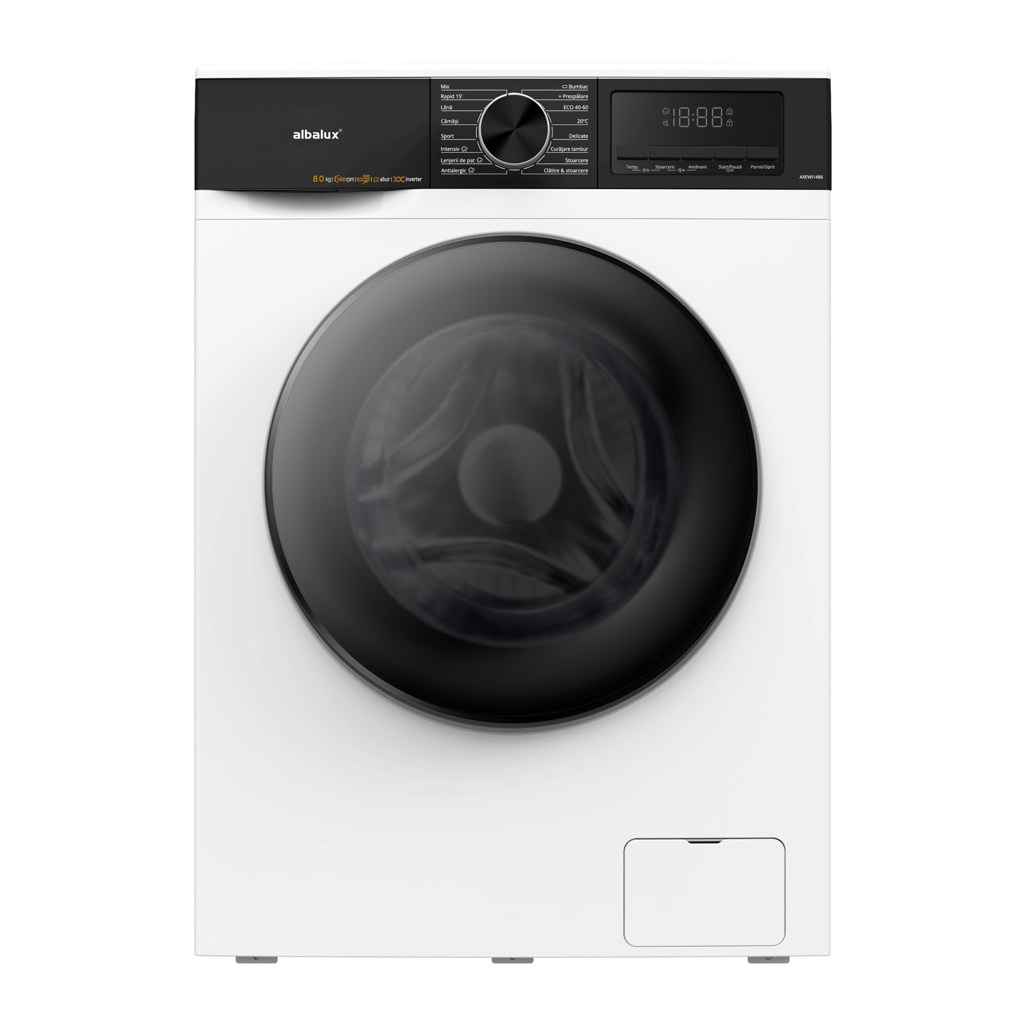 Masina de spalat rufe Albalux AXEWI1486, 8 kg, 16 programe, 1400 rotatii, Clasa energetica A, Display led, Spalare cu abur, Motor inverter, Alb