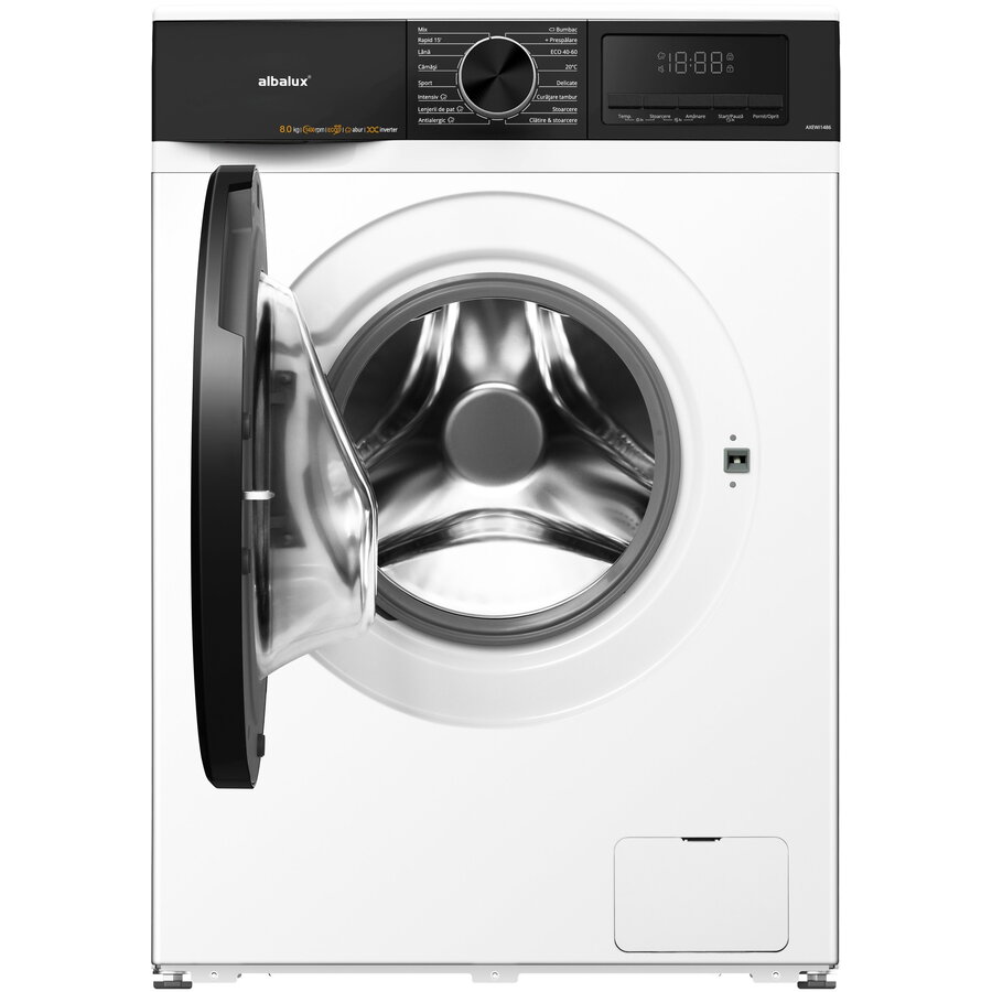 Masina de Spalat Rufe Albalux AXEWI1486, 8 kg, 1400 rpm, Motor Inverter, Abur, Display LED, Clasa A, Alb
