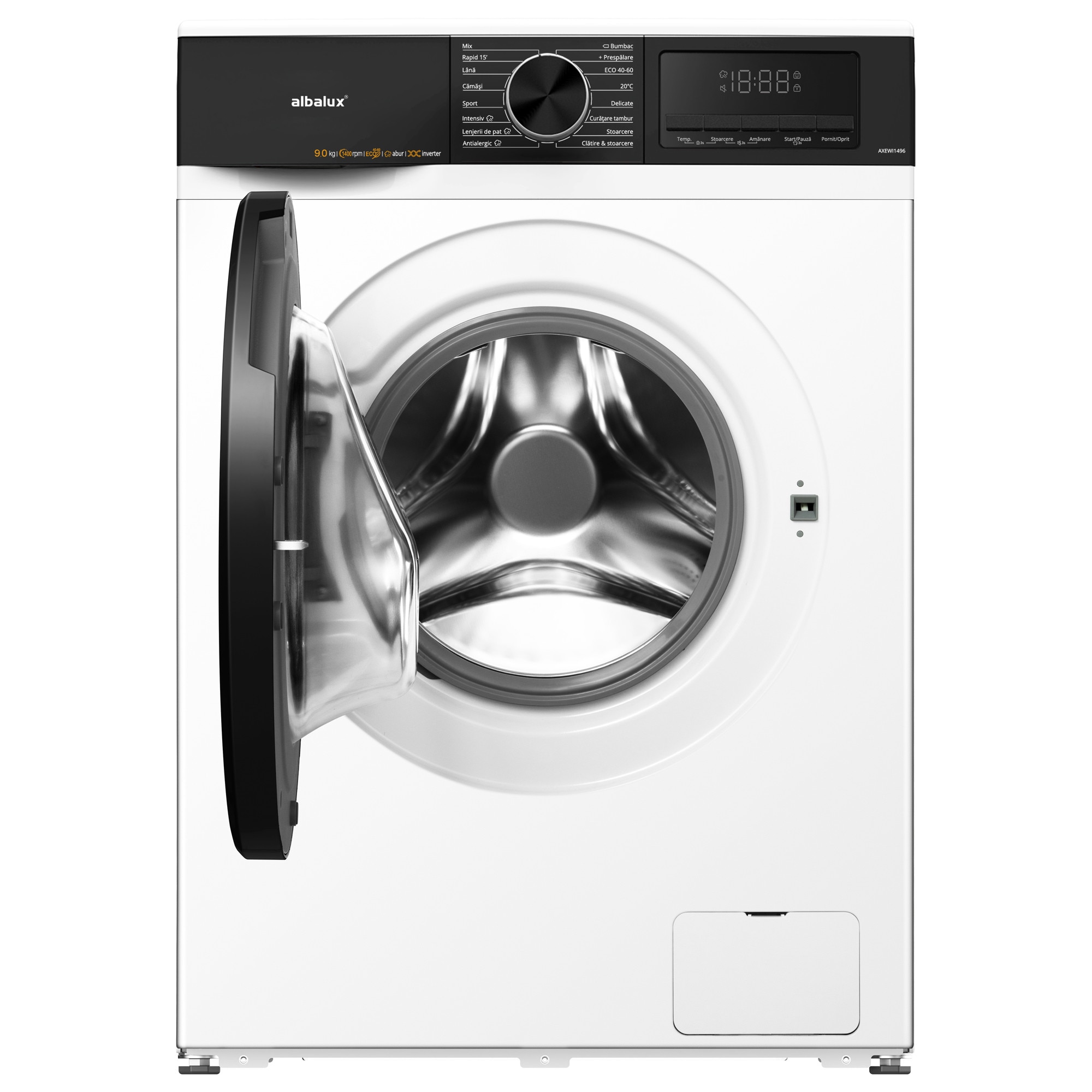 Masina de spalat rufe Albalux AXEWI1496, 9 kg, 16 programe, 1400 rotatii, Clasa energetica A-10%, Motor inverter, Control antispuma, Adaugare rufe in timpul spalarii, Alb