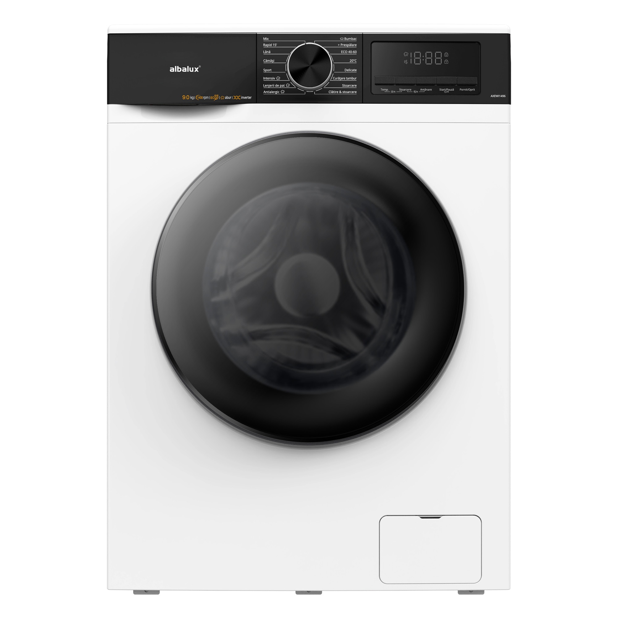 Masina de spalat rufe Albalux AXEWI1496, 9 kg, 16 programe, 1400 rotatii, Clasa energetica A-10%, Motor inverter, Control antispuma, Adaugare rufe in timpul spalarii, Alb