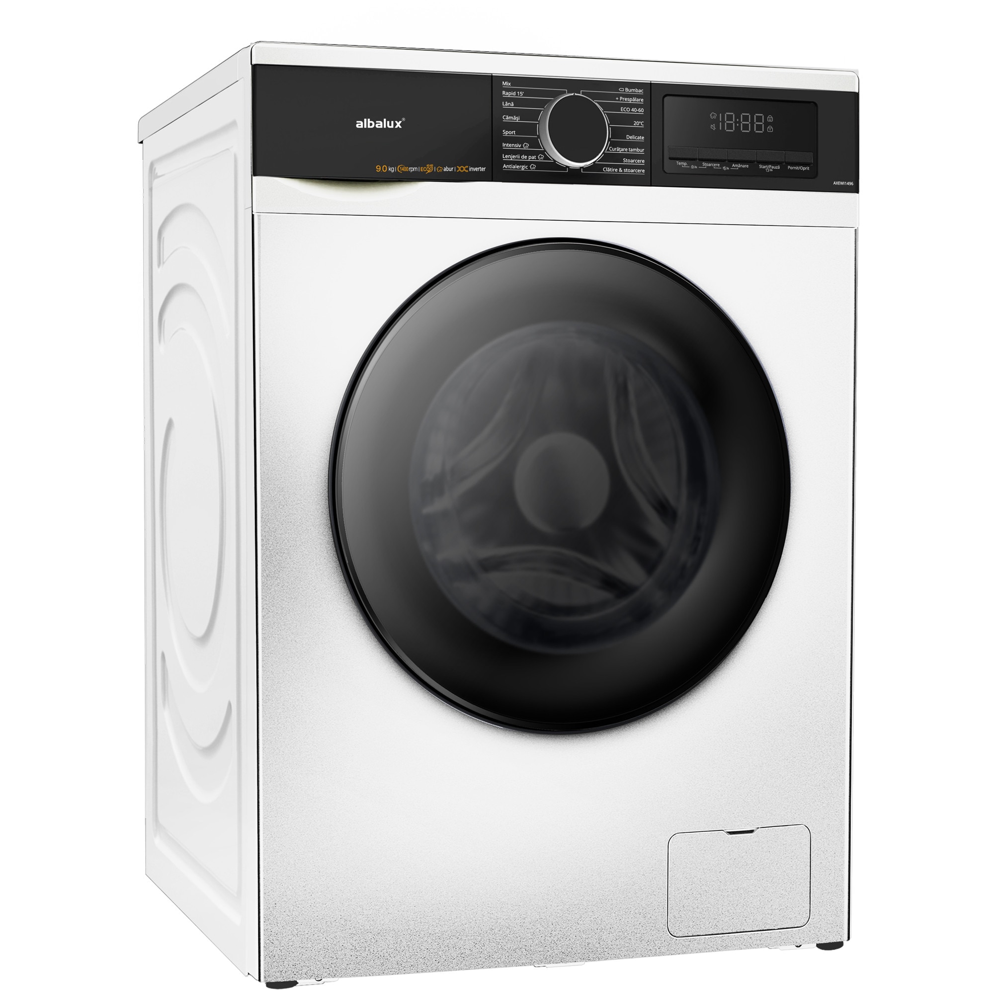 Masina de spalat rufe Albalux AXEWI1496, 9 kg, 16 programe, 1400 rotatii, Clasa energetica A-10%, Motor inverter, Control antispuma, Adaugare rufe in timpul spalarii, Alb