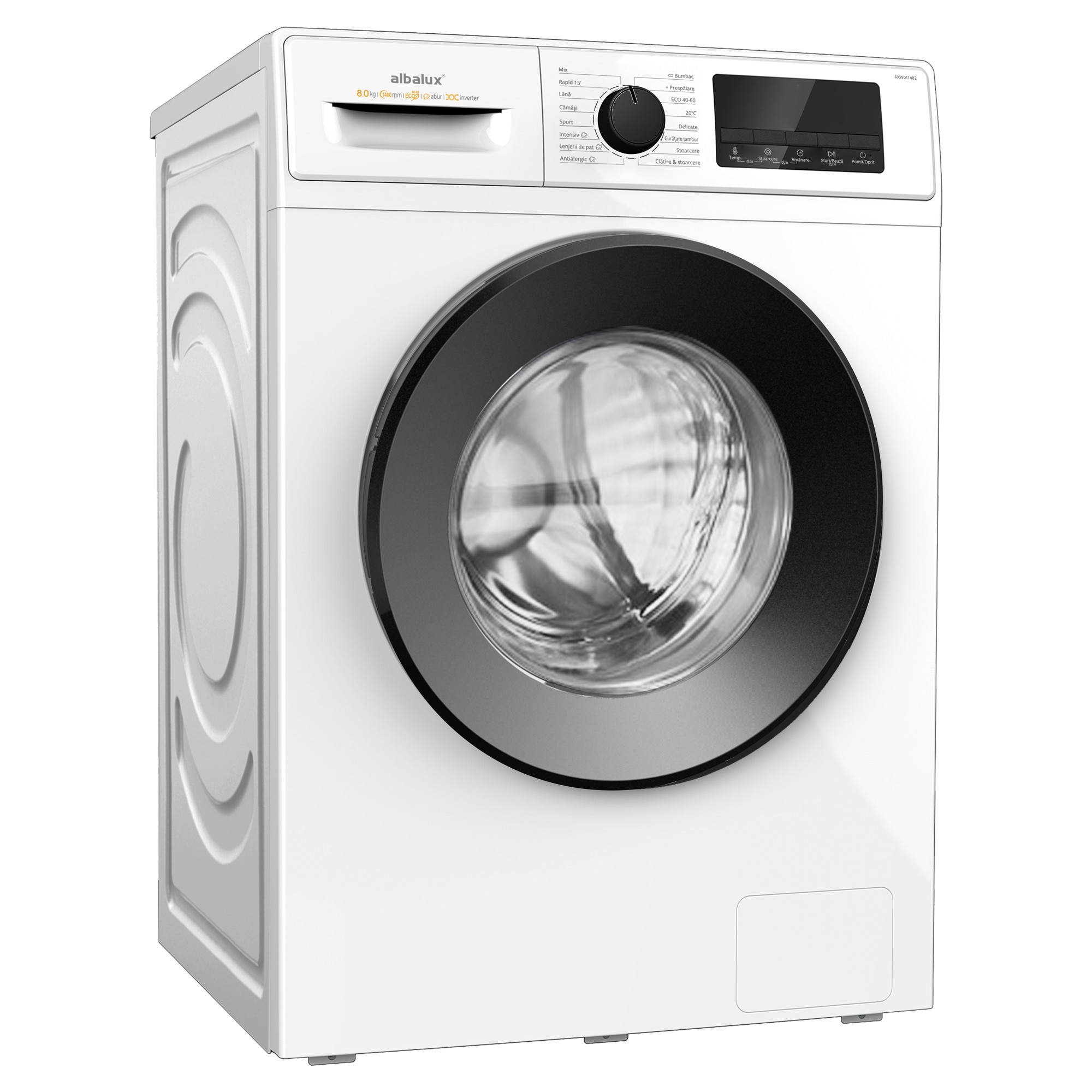Masina de Spalat Rufe Albalux AXWGI1482, 8 kg, 1400 rpm, Motor Inverter, Display LED, Clasa A, Alb