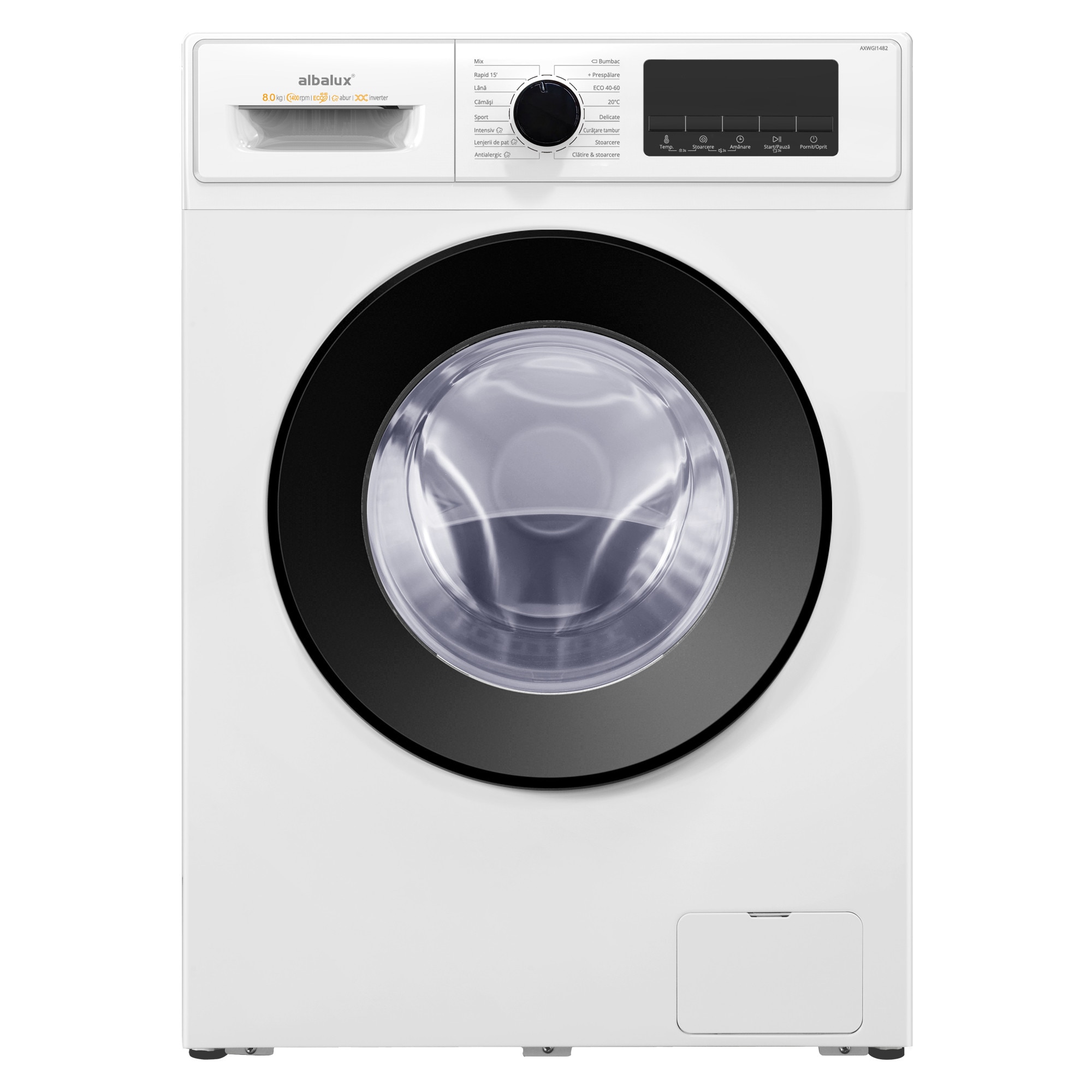 Masina de Spalat Rufe Albalux AXWGI1482, 8 kg, 1400 rpm, Motor Inverter, Display LED, Clasa A, Alb