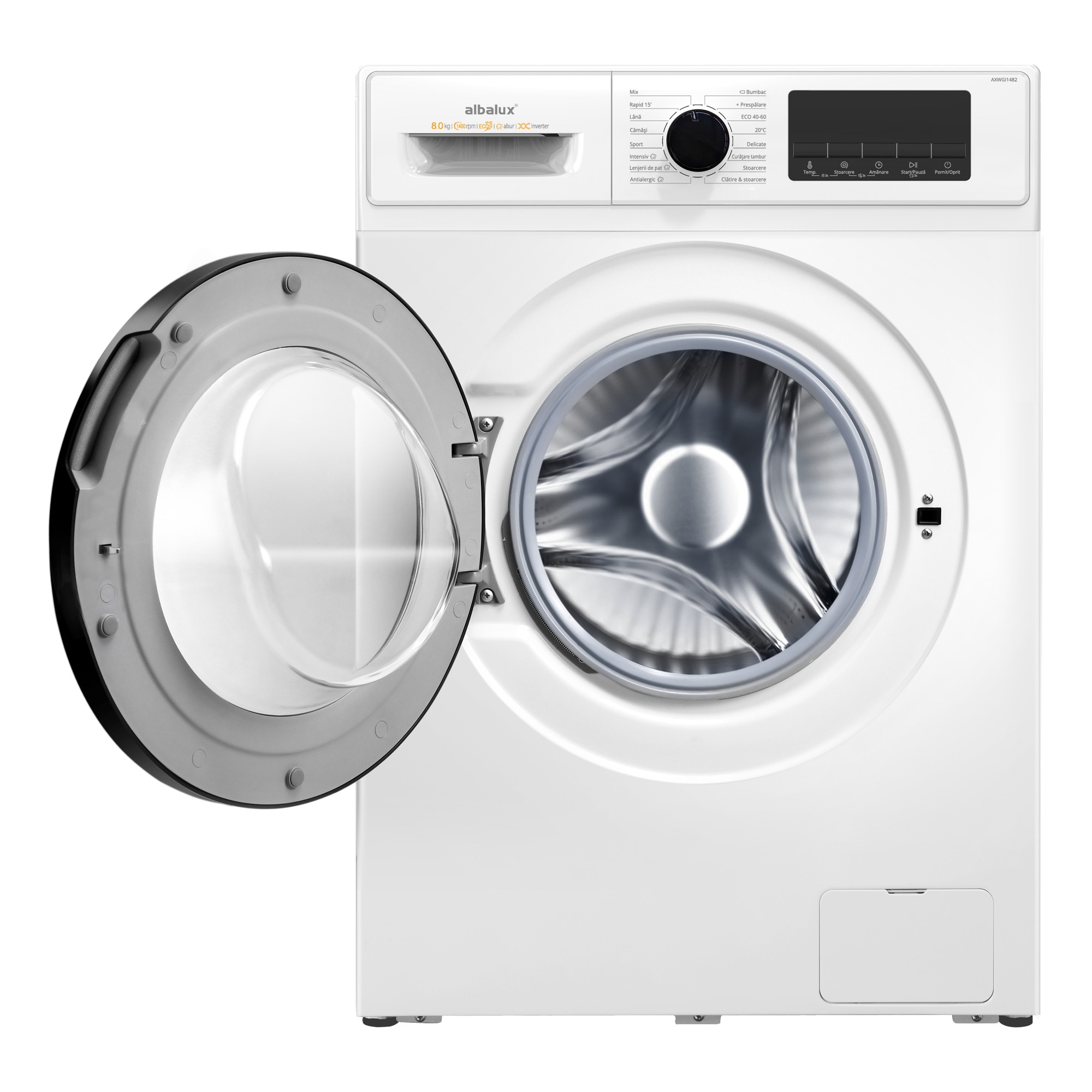 Masina de Spalat Rufe Albalux AXWGI1482, 8 kg, 1400 rpm, Motor Inverter, Display LED, Clasa A, Alb