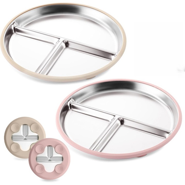 Бебешка чиния с вендуза, от неръждаема стомана, отделения за деца, с подвижен силиконов капак, неплъзгаща се, нетоксична, удароустойчива, подходяща за съдомиялна машина, розова