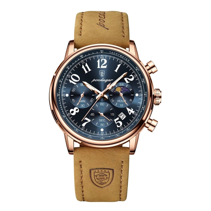 Ceas barbatesc Poedagar CS1880, piele naturala, maro, cadran albastru