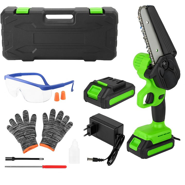 Мини електрическа резачка, Zola, 1000W, 7м/с, максимален диаметър на рязане 14-19 см, 2 батерии, 2000mAh, Li-ion 21V, защита срещу случайно стартиране, аксесоари за защита и почистване, черно/зелено