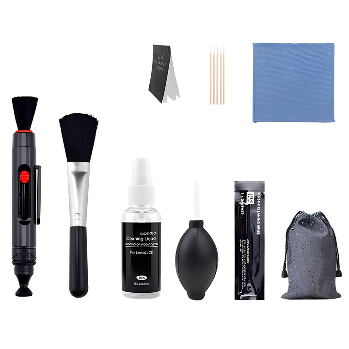 Set 13 ustensile curatare pentru camera, TREXORA, pena pentru lentile, solutie de curatare 50ml