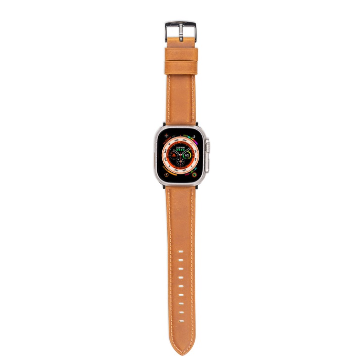 Curea Shesyuki din piele naturala pentru Apple Watch Ultra 2/Ultra/9/8/7/6/5/4/3/2/1, 42/44/45/49 mm, premium, reglabila si confortabila, usor de montat, maro pin