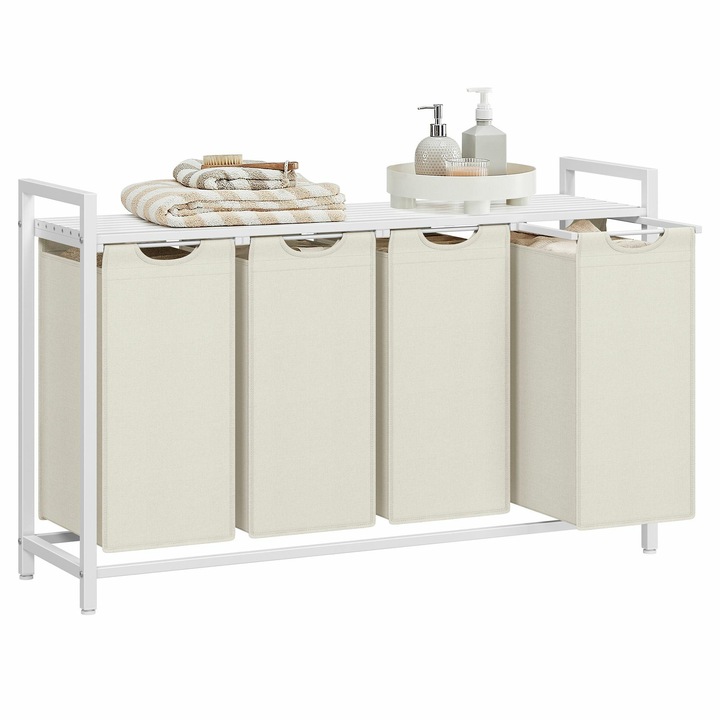 Cos Rufe, Songmics, 160 l, 4 Compartimente, Cu Polita Si Saci Detasabili, Flux De Aer Previne Mirosurile, Ideal Pentru Baie Si Spalatorie, Cadru Stabil Din Otel Cu MDF, Segregare Comoda, 116 x 33 x 72 cm