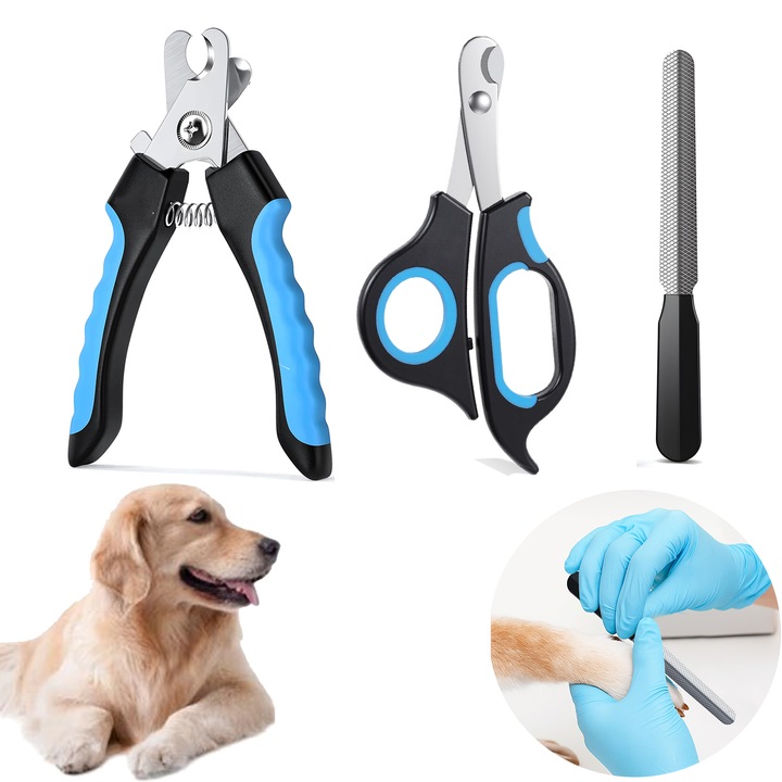 Cleste unghii pentru animale, TREXORA, set cu pila, albastru, pentru pisici si caini, include ghid de utilizare si lama suplimentara