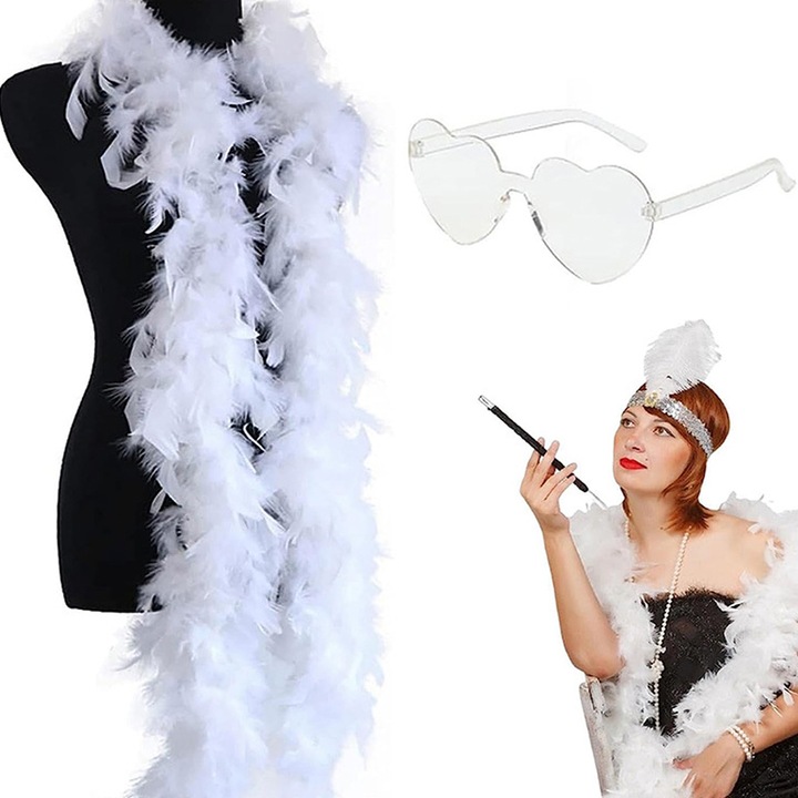 Set fular din pene roz cu ochelari in forma de inima pentru petreceri, costume de Halloween, dimensiuni variate.