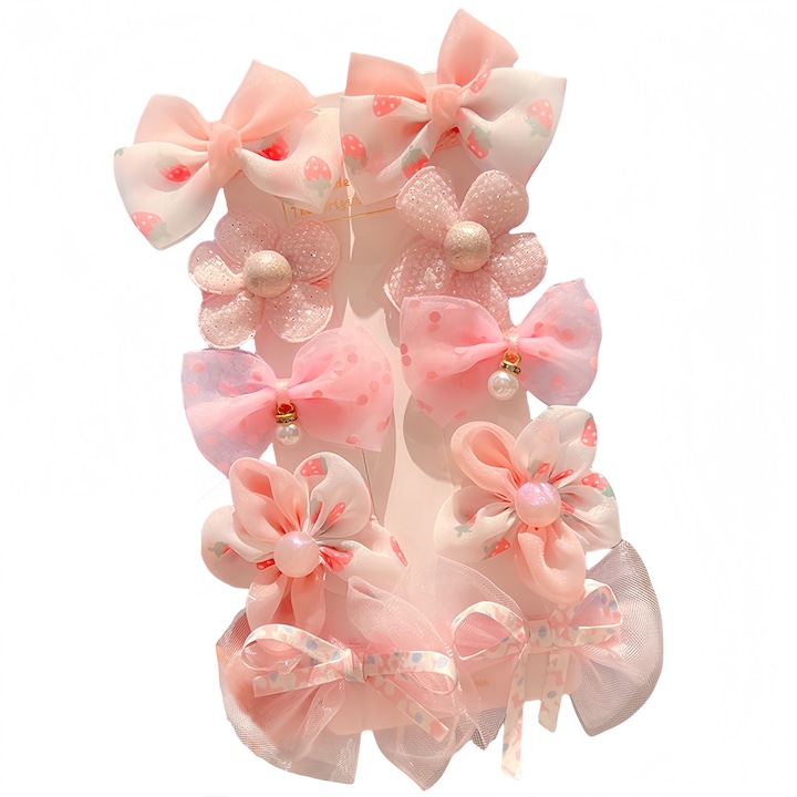 Set 10 agrafe de par pentru fetite, tip cleme pentru copii, textil/metal, 3.5 cm, roz