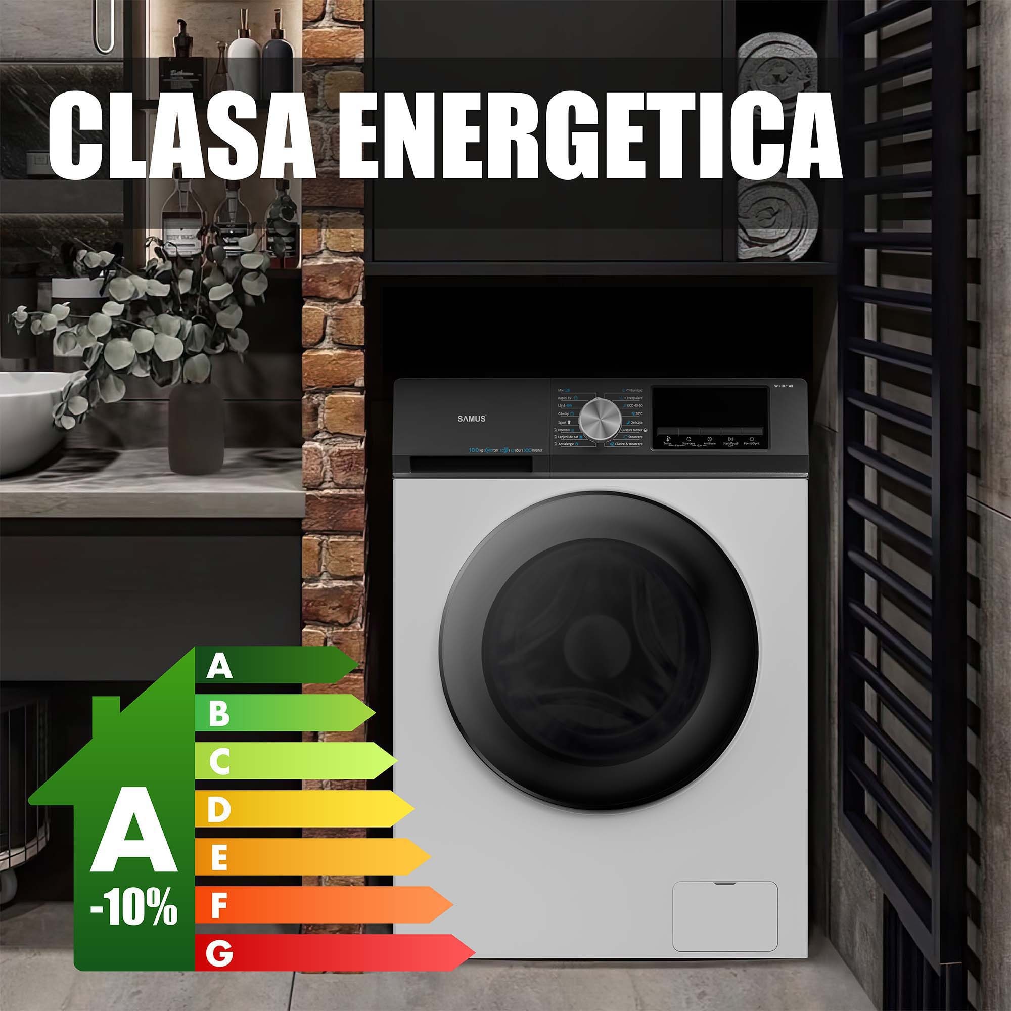 Masina de spalat rufe Samus WSEDI7148, 7 kg, Motor inverter, Display LED, 16 programe, 1400 rotatii, Clasa energetica A – 10%, Reincarcare cu rufe in timpul spalarii, Alb