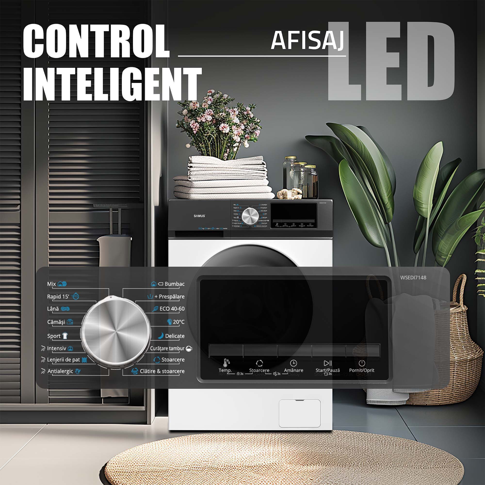 Masina de spalat rufe Samus WSEDI7148, 7 kg, Motor inverter, Display LED, 16 programe, 1400 rotatii, Clasa energetica A – 10%, Reincarcare cu rufe in timpul spalarii, Alb