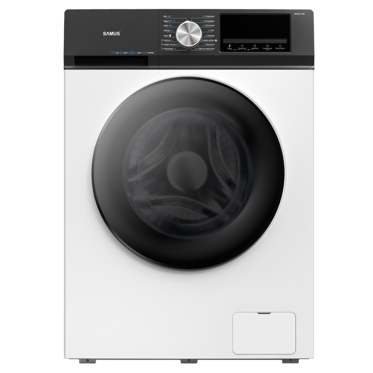 Masina de spalat rufe Samus WSEDI7148, 7 kg, Motor inverter, Display LED, 16 programe, 1400 rotatii, Clasa energetica A – 10%, Reincarcare cu rufe in timpul spalarii, Alb