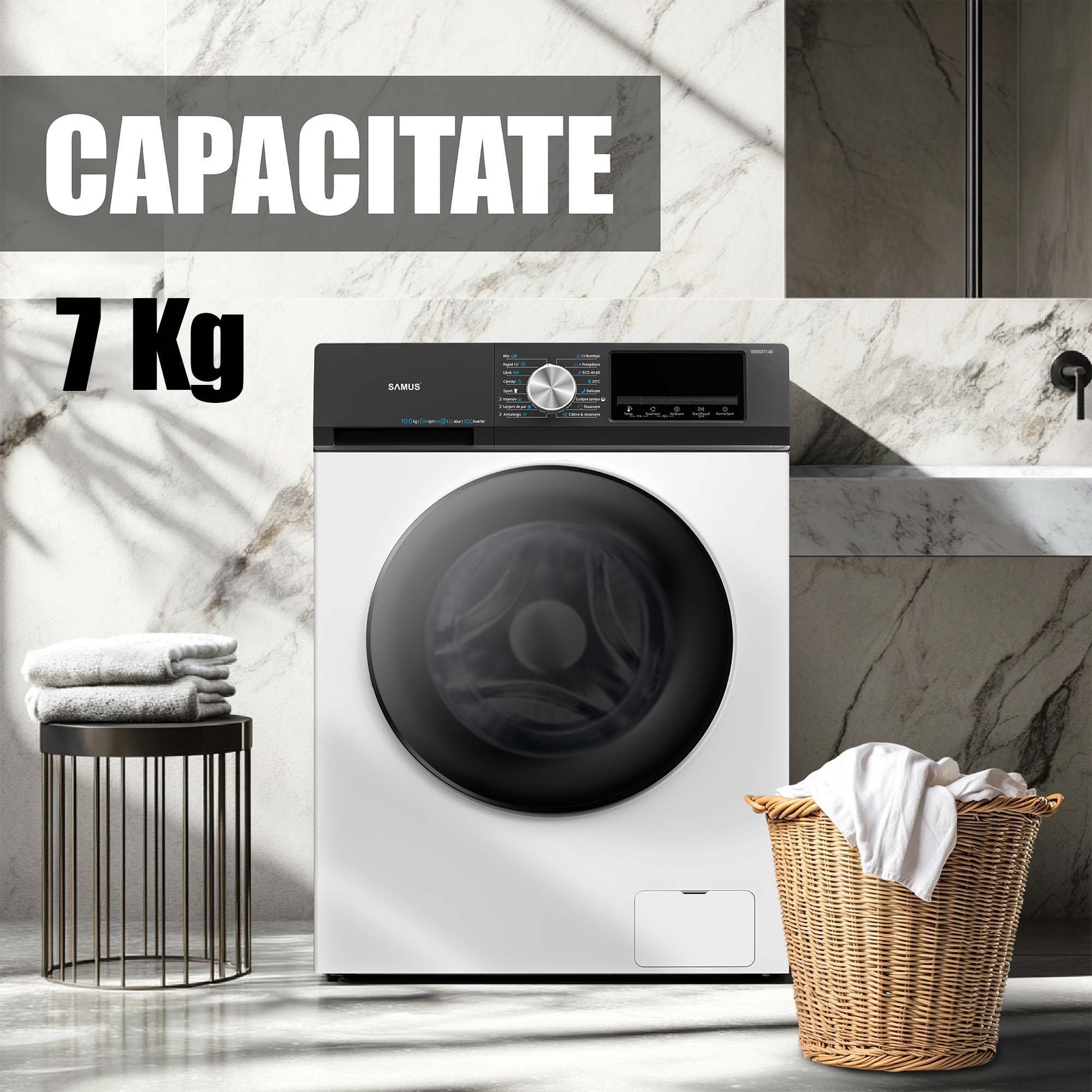 Masina de spalat rufe Samus WSEDI7148, 7 kg, Motor inverter, Display LED, 16 programe, 1400 rotatii, Clasa energetica A – 10%, Reincarcare cu rufe in timpul spalarii, Alb