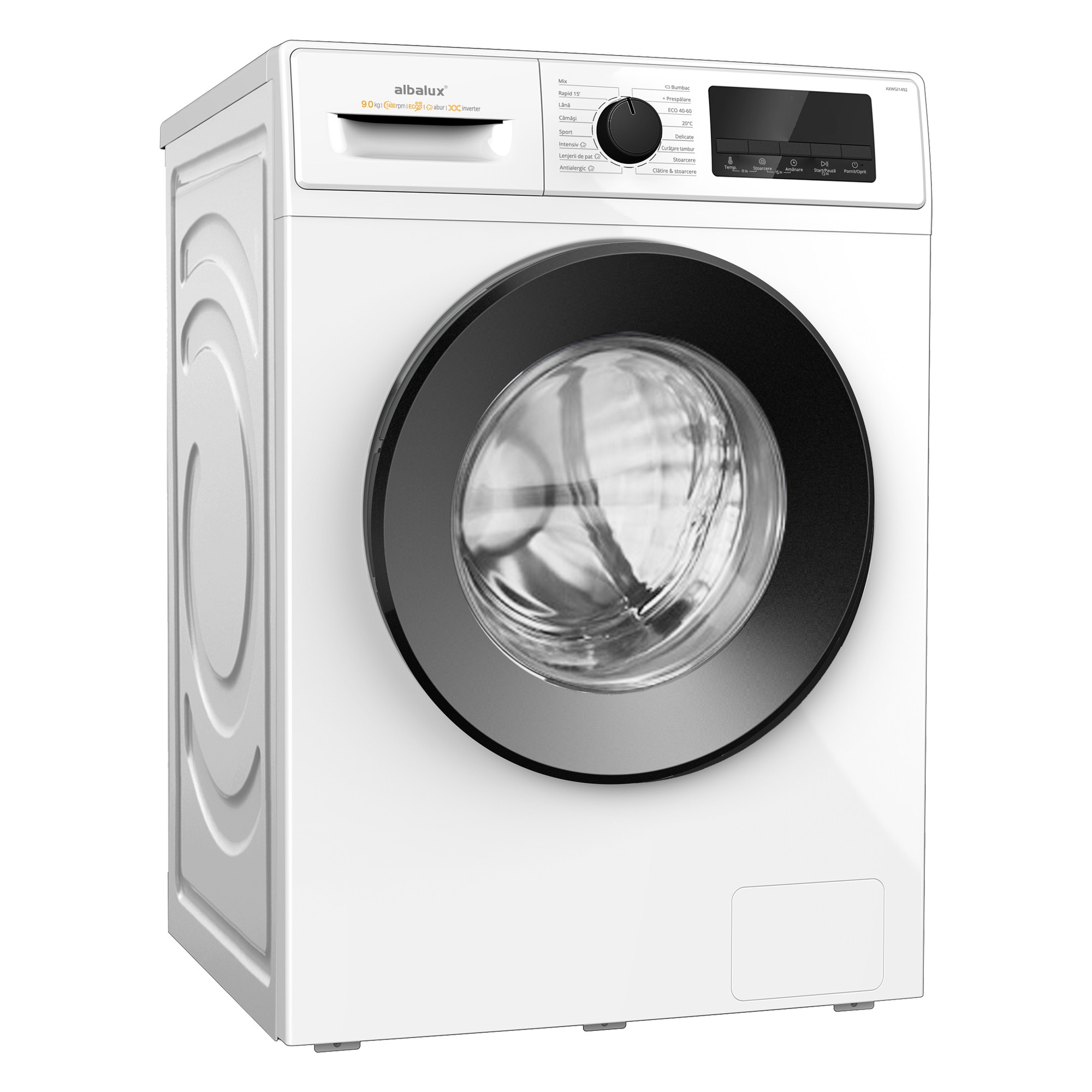 Masina de spalat rufe Albalux AXWGI1492, 9 kg, Display led, 16 programe, 1400 rotatii, Clasa energetica A-10%, Adaugare rufe, Blocare acces copii, Alb