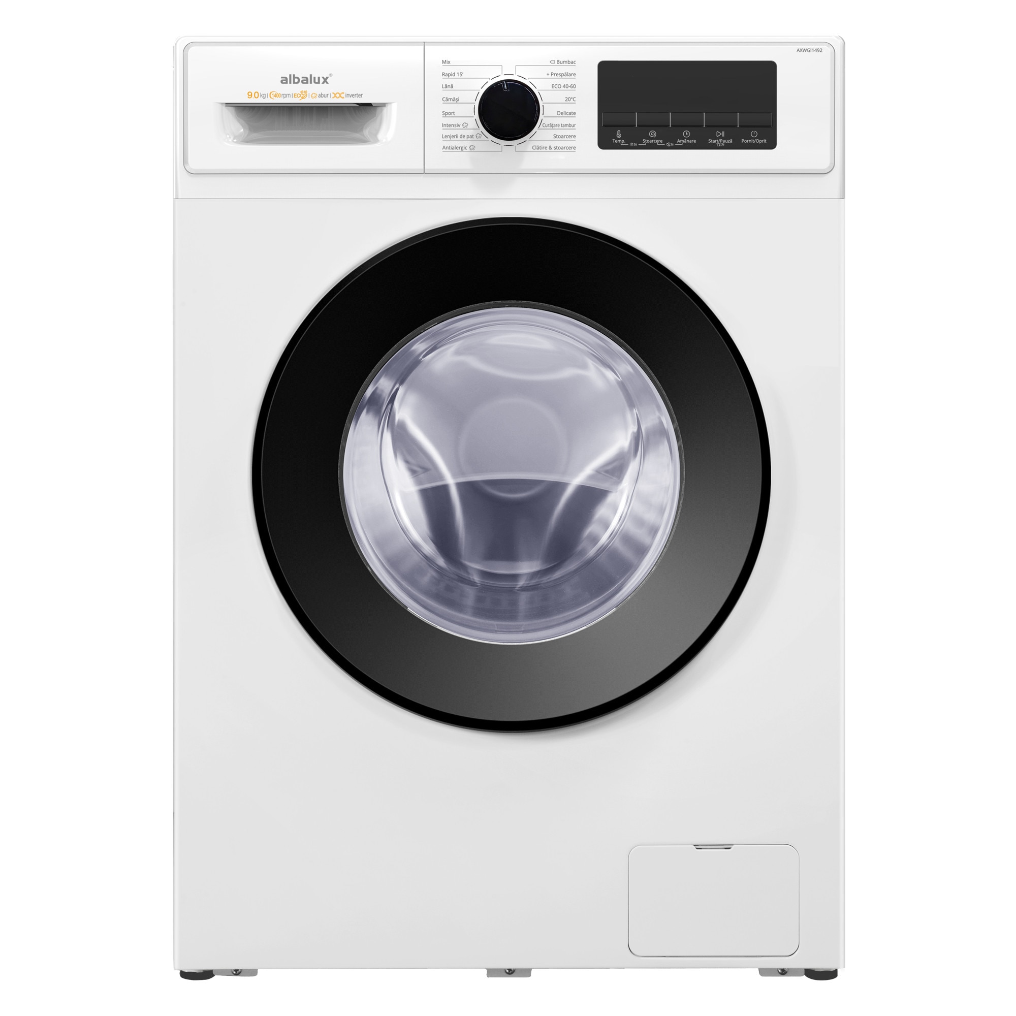 Masina de spalat rufe Albalux AXWGI1492, 9 kg, Display led, 16 programe, 1400 rotatii, Clasa energetica A-10%, Adaugare rufe, Blocare acces copii, Alb