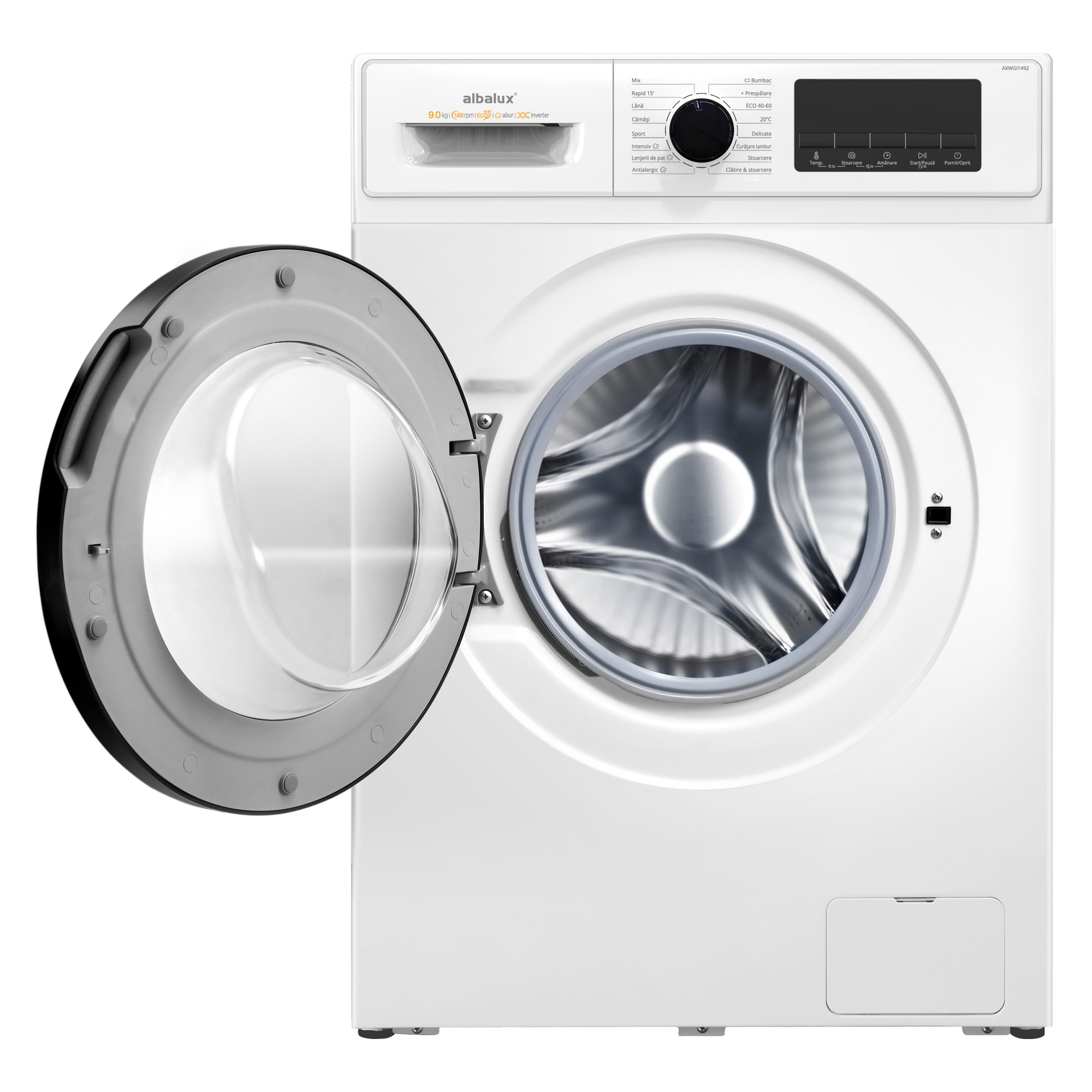 Masina de spalat rufe Albalux AXWGI1492, 9 kg, Display led, 16 programe, 1400 rotatii, Clasa energetica A-10%, Adaugare rufe, Blocare acces copii, Alb
