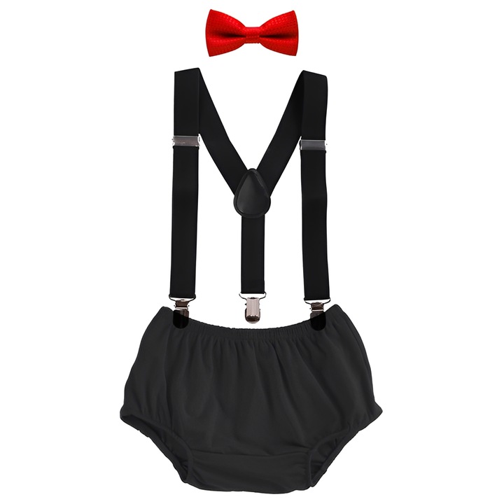 Set bretele pentru sugari si copii mici, TREXORA, pantaloni pentru tort 1, papion 1, bumbac, negru si rosu
