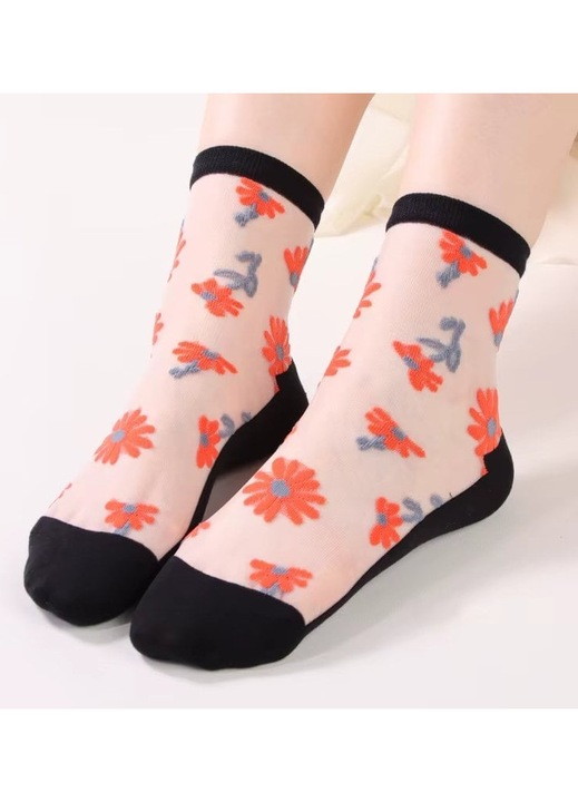 Sosete de dama, SS205, model flori, Alb/Negru, marime universala