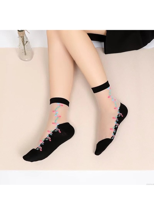 Дамски чорапи, SS174, флорален модел, черно/бели, универсален размер