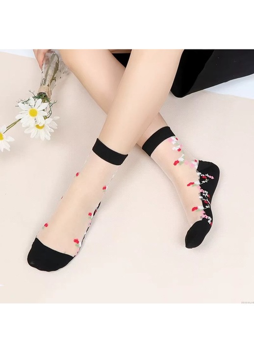 Sosete pentru dama, SS168, model flori, Alb/Negru, marime universala