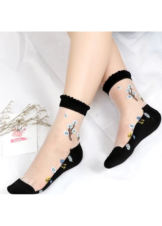 Sosete pentru dama, SS142, model flori, Alb/Negru, marime universala