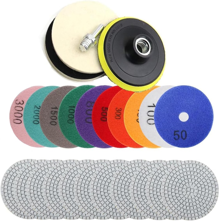 Set 11 dischete diamantate slefuire granulatie 50, 100, 150, 300,, 500, 800, 1000, 1500, 2000, 3000, Rezistent la uzura, 12000rpm, Pentru granit, beton, marmura, piatra, gresie, Pulbere de diamant/pulbere de rasina, Multicolor