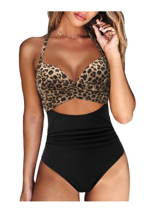 Costum de baie dintr-o singura piesa, marca necunoscuta, model SK-170, marimea S, material: 82% nailon, 18% elastan, functie push-up, model: leopard, culoare: multicolor, caracteristici: chiloti decoltati, sutien cu burete, incretituri decorative