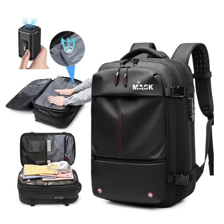 Rucsac Vidabil pentru calatorii cu avionul, MaskOn®, Pompa vid inclusa, Rezistent la Apa, Tesatura Oxford 900D, Capacitate extensibila pana la 60L, Anti-Furt, Compartiment Laptop, Compresie cu Vacum, Negru